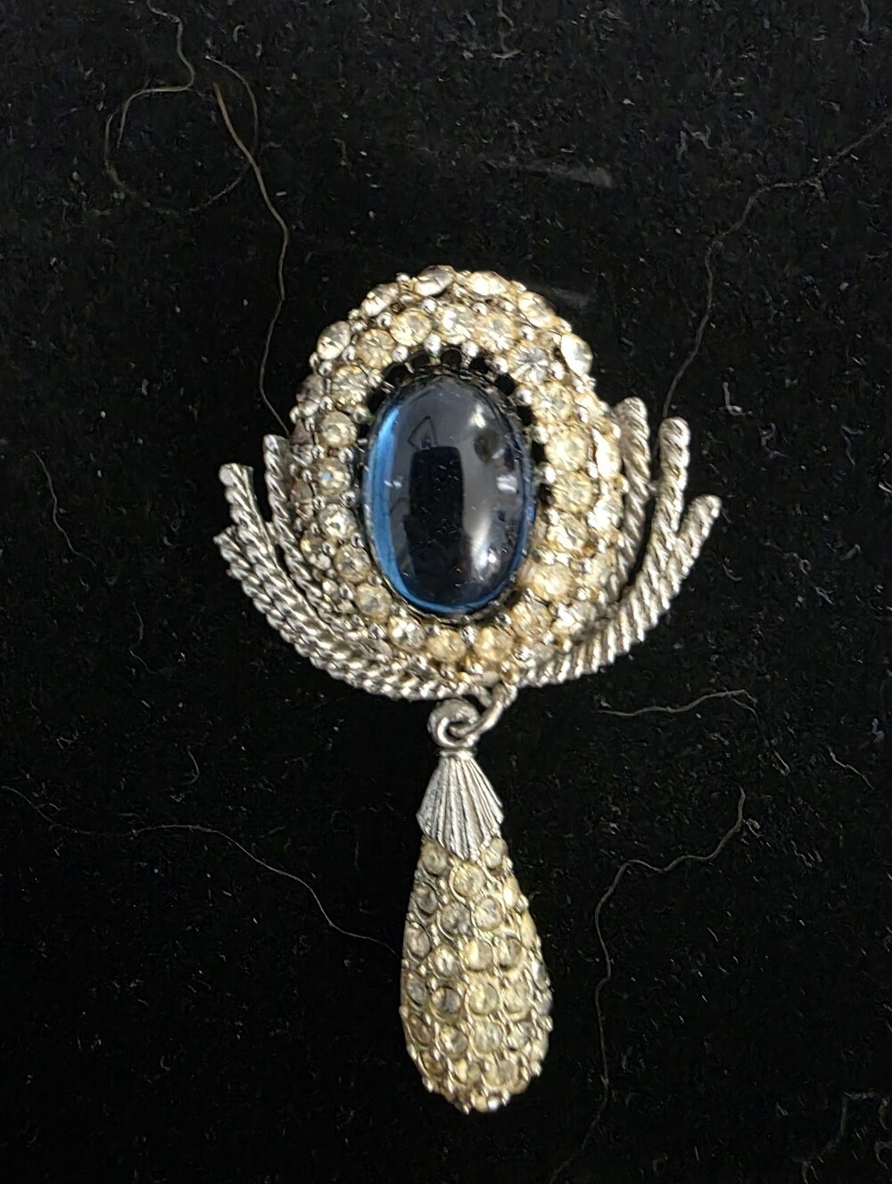 Vintage Blue Cabochon & Rhinestone Pendant Silver-Tone Costume Jewelry